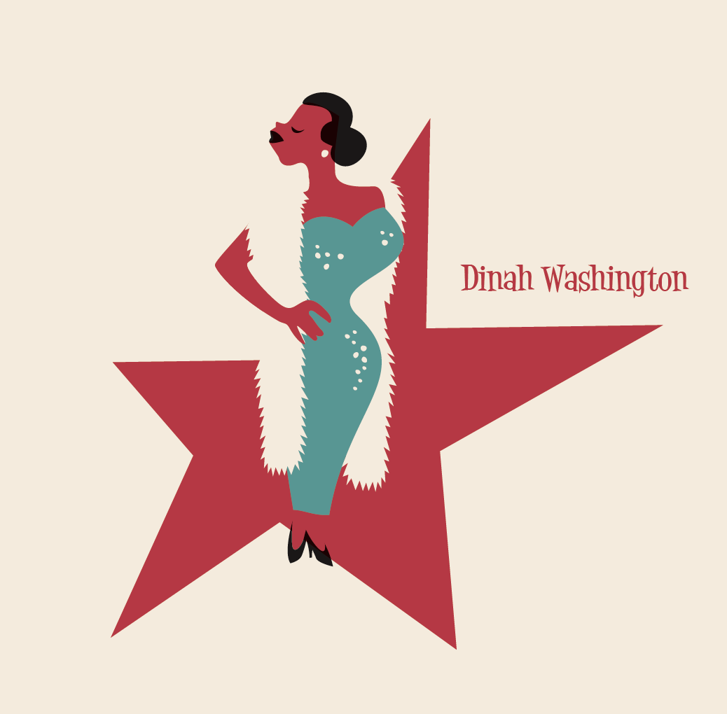 Illustration 2D de Dinah Washington dans un style rétro, années 50.