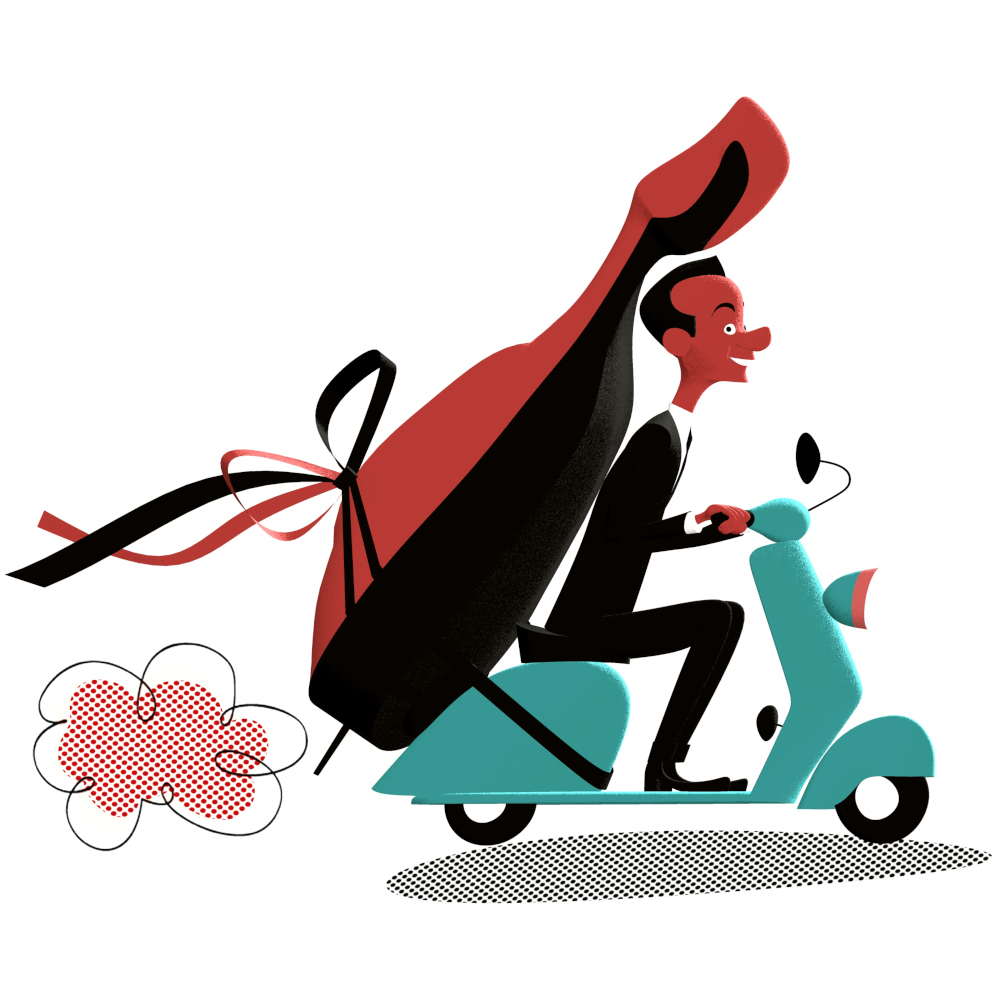 Illustration 2D de Bill Crow et sa contrebasse arrimée sur son Lambretta, dans un style rétro, années 50.