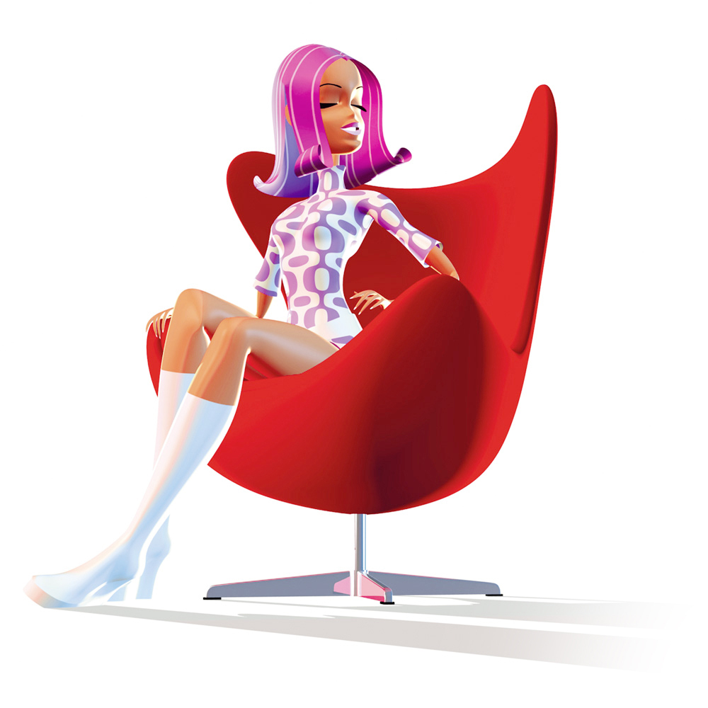 Illustration d'une pin-up installée un fauteuil egg-chair de Jacobsen.