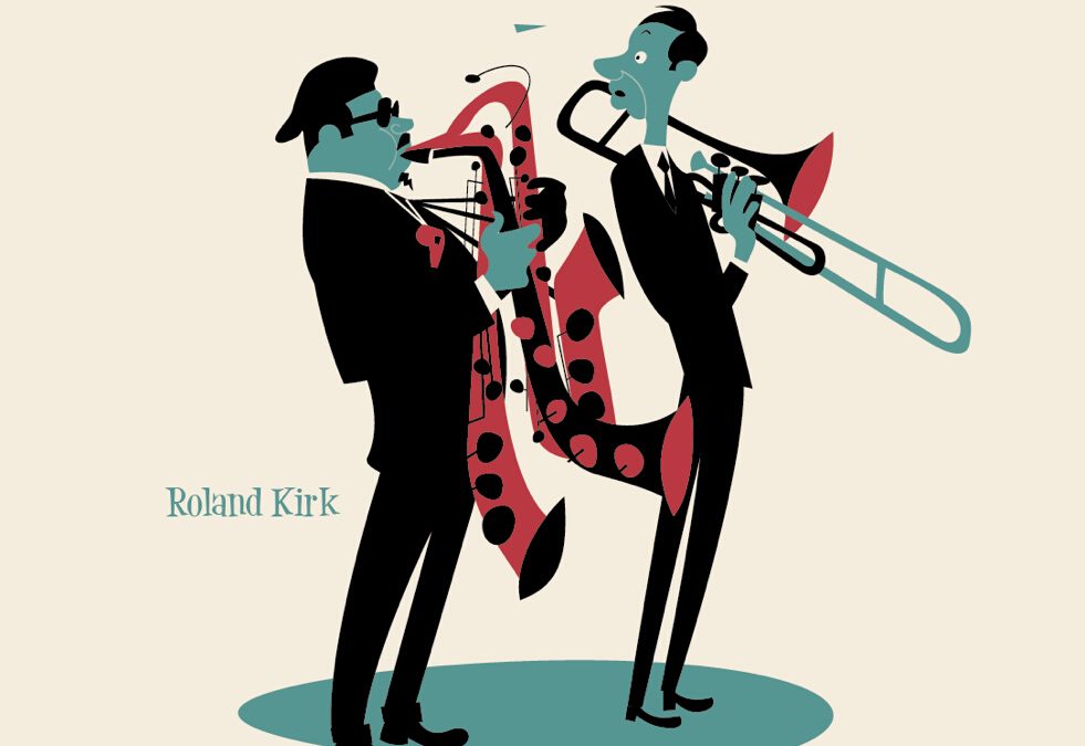 Illustration 2D de Bob Brookmeyer et Roland Kirk dans un style rétro, années 50.