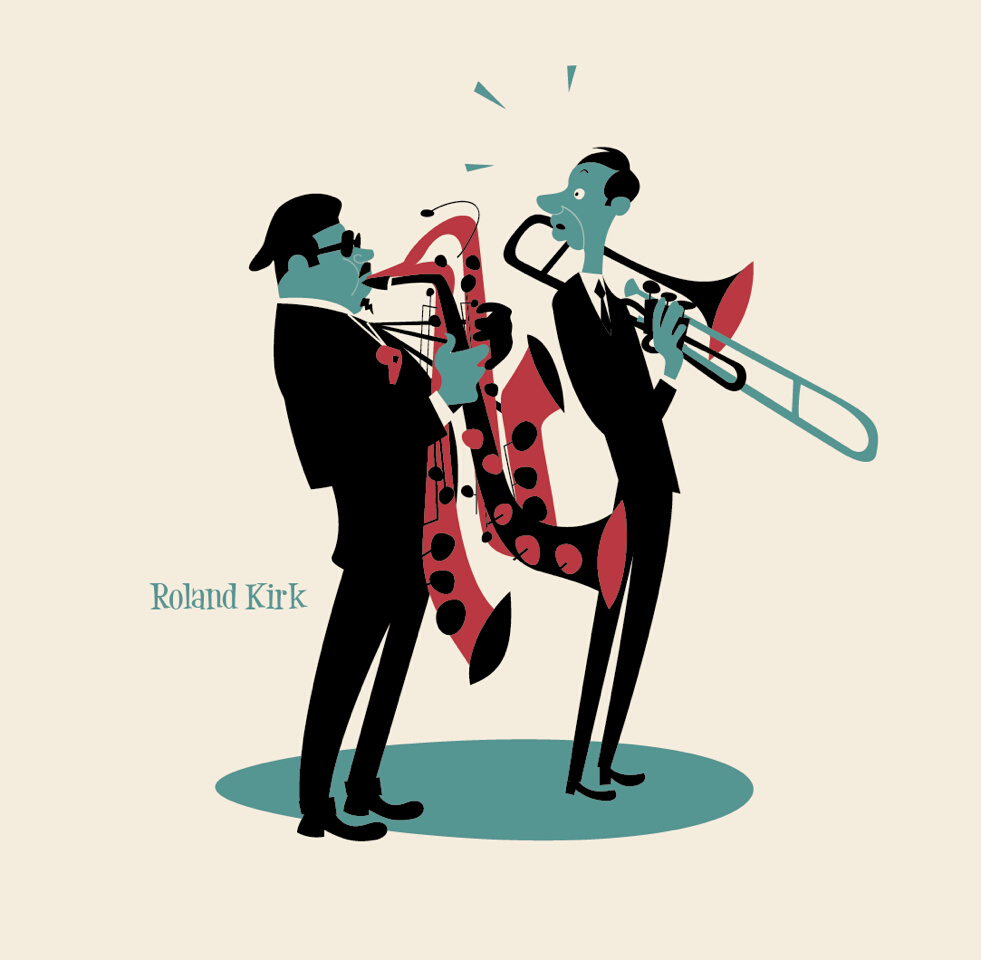 Illustration 2D de Bob Brookmeyer et Roland Kirk dans un style rétro, années 50.