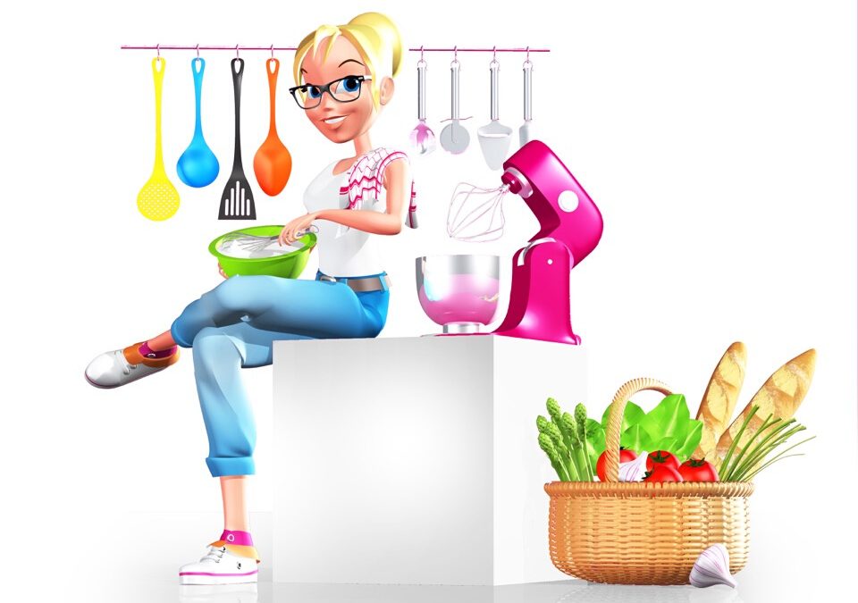 Illustration 3D d'une jeune fille en cuisine pour Créativa, salon de loisirs créatifs.