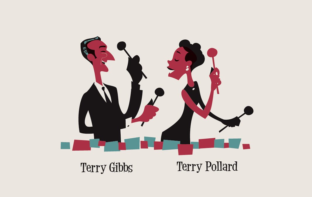 Illustration 2D de Terry Pollard et Terry Gibbs dans un style rétro, années 50.