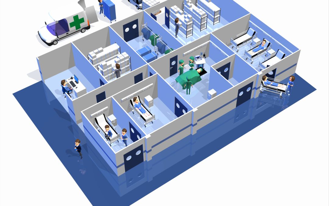 Projet de Schéma 3D qui présente l'organisation d'un hôpital, et les différents circuits.