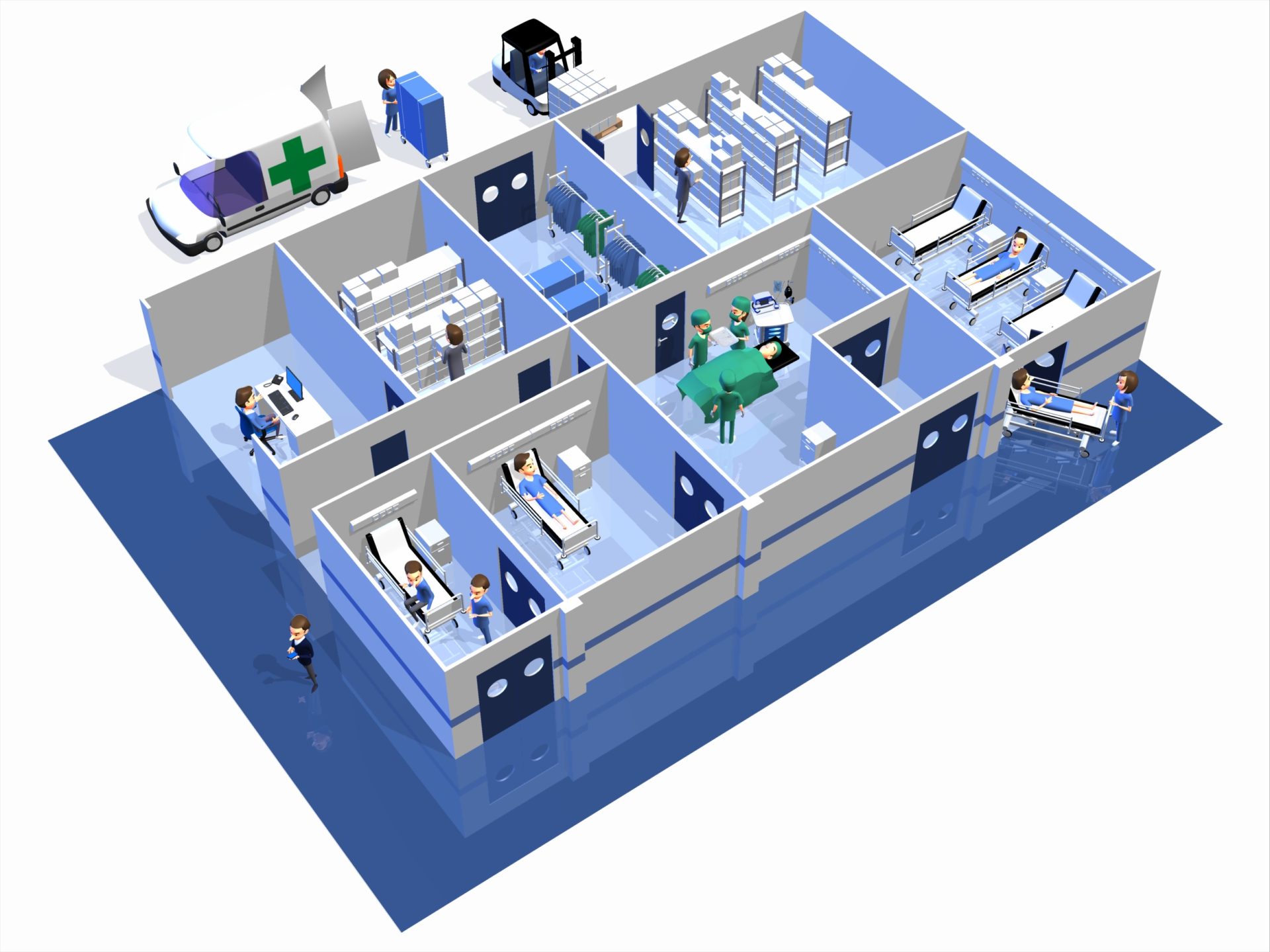 Projet de Schéma 3D qui présente l'organisation d'un hôpital, et les différents circuits.