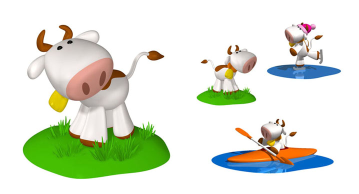 Pâquerette, petite vache montbéliarde, mascotte 3D d'un site touristique destiné aux enfants.